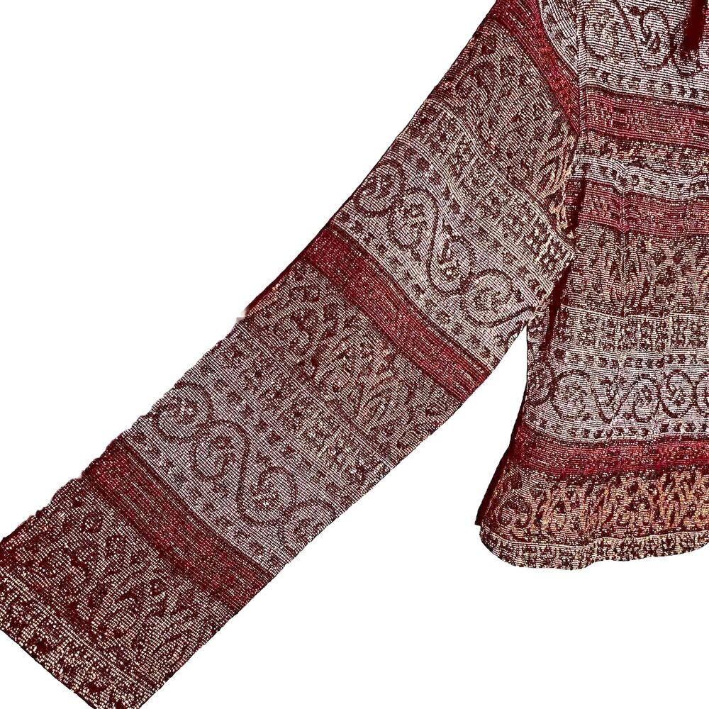 VTG Flashback Boho Tapestry Jacket Sz M Burgundy With Metallic Threading Pockets - Picture 2 of 7